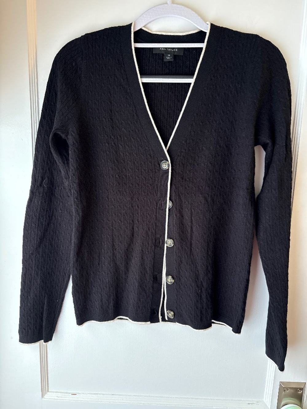 Ann Taylor Cable Cardigan, Black with White Trim, Sz XS, EUC